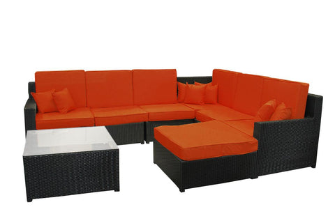 8-Piece Black Resin Wicker Outdoor Furniture Sectional Sofa, Table and Ottoman Set - Orange Cushions