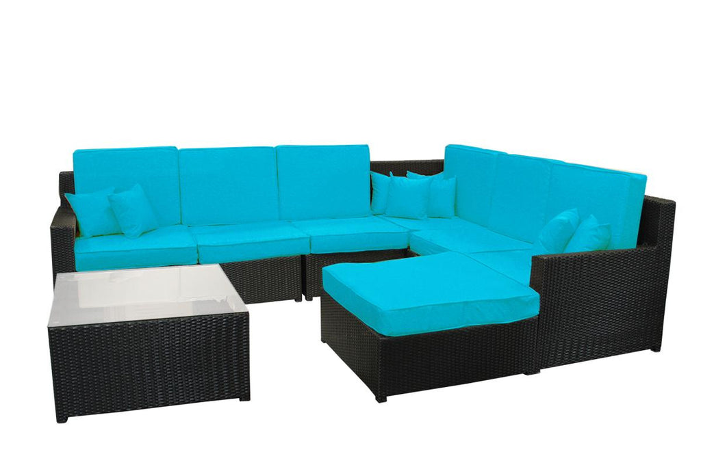 8-Piece Black Resin Wicker Outdoor Furniture Sectional Sofa, Table and Ottoman Set - Blue Cushions