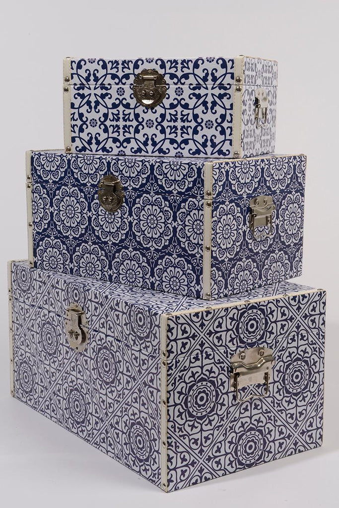 Set of 3 Seaside Treasures Navy Blue and Ivory Floral Medallion Faux Leather Storage Trunks