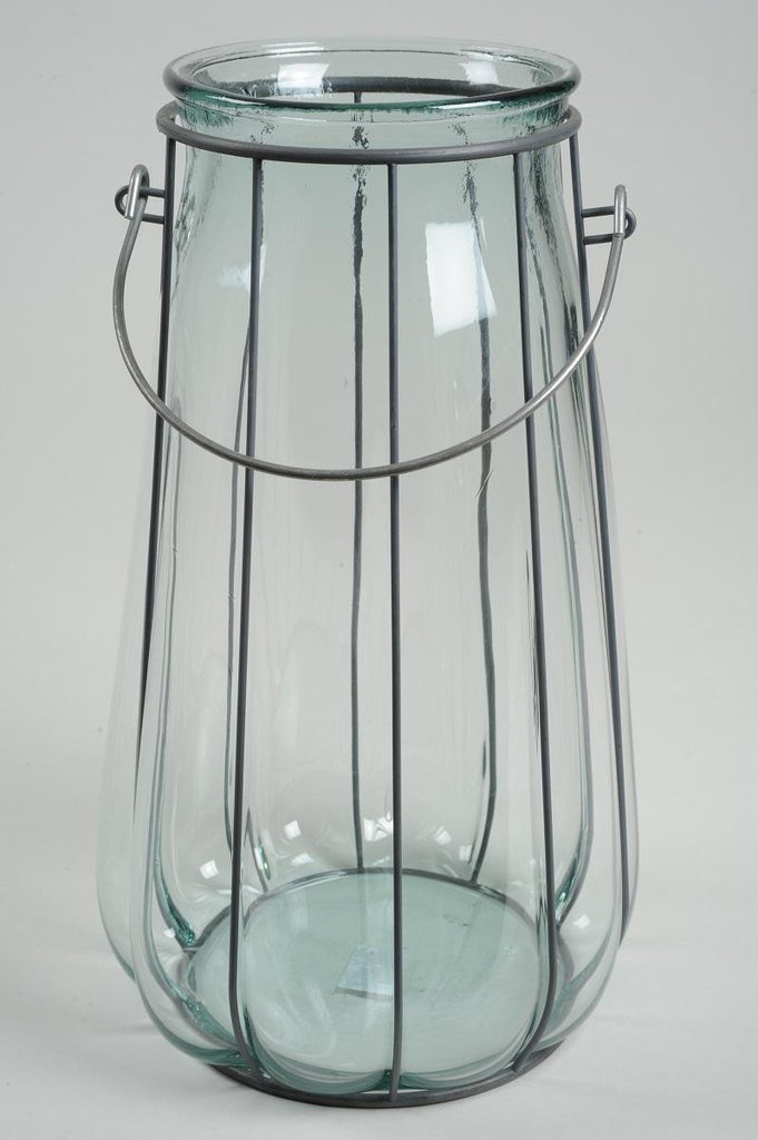 14.5" Tea Garden Hand-Made Transparent Recycled Spanish Glass Vase with Metal Handle