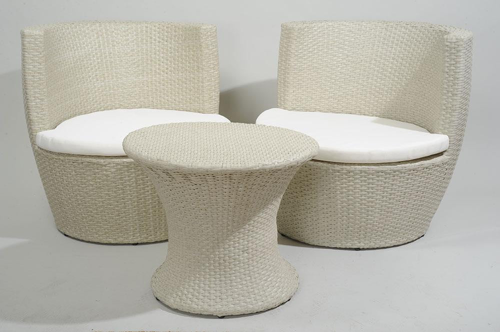 3-Piece Beige Outdoor Patio Resin Wicker Chair and Table Set - Off-White Cushions