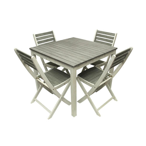 5-Piece Gray and White Acacia Wood Outdoor Patio Dining Table and Chair Furniture Set