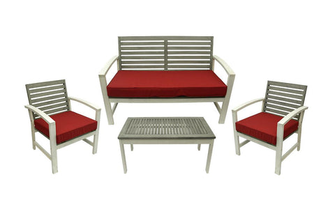 4-Piece Gray and White Acacia Wood Outdoor Patio Table and Chair Furniture Set - Red Cushions