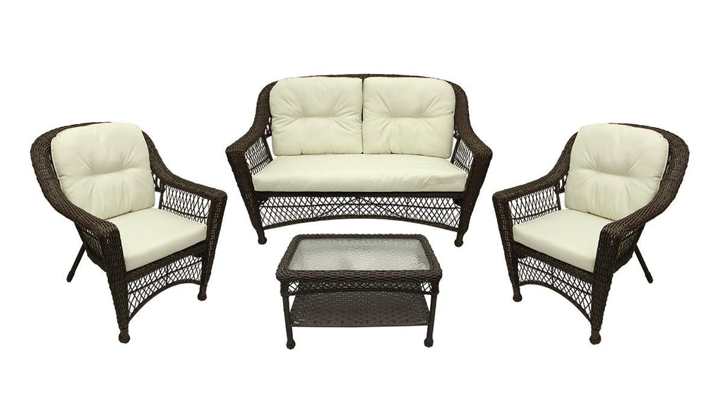 4-Pc Somerset Dark Brown Resin Wicker Patio Loveseat, Chairs & Table Furniture Set - Cream Cushions