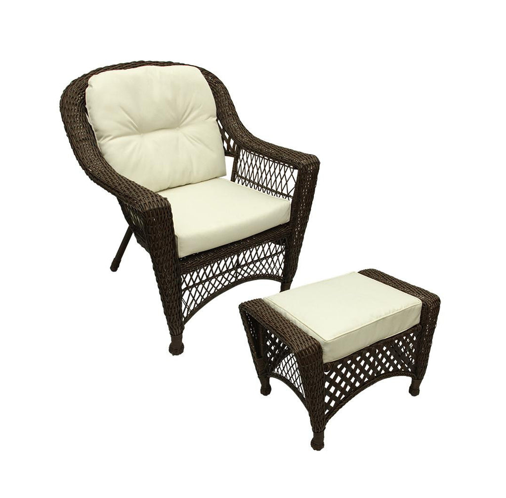 2-Pc Somerset Dark Brown Resin Wicker Patio Chair & Ottoman Furniture Set - Cream Cushions