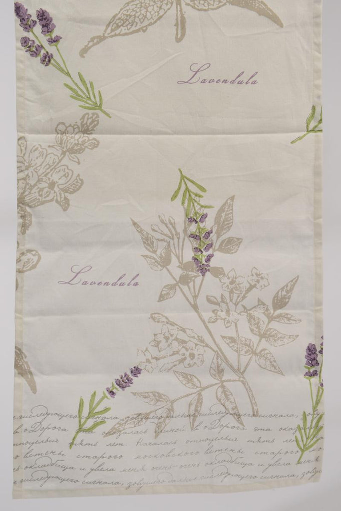 Tea Garden Cream, Taupe & Purple Lavender Floral and Script Table Runner 15.75" x 55"