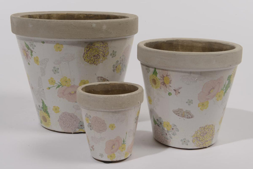 Set of 3 Tea Garden Earthenware Antique-Style Distressed Floral Outdoor Garden Patio Planters 8"