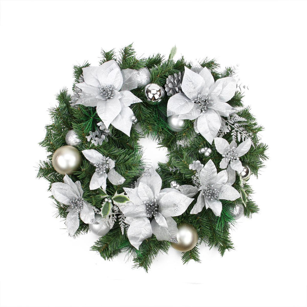 24" Pre-Decorated Silver Poinsettia, Pine Cone and Ball Artificial Christmas Wreath - Unlit