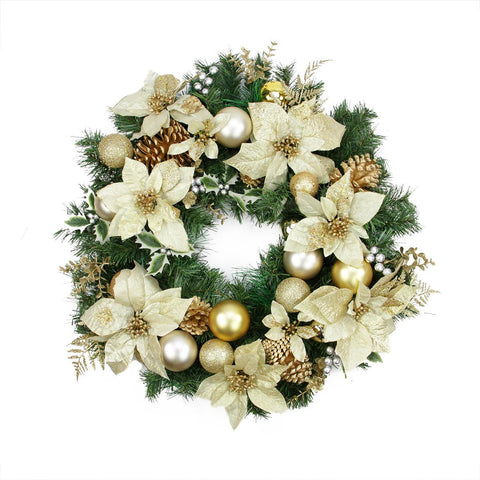 24" Pre-Decorated Gold Poinsettia, Pine Cone and Ball Artificial Christmas Wreath - Unlit