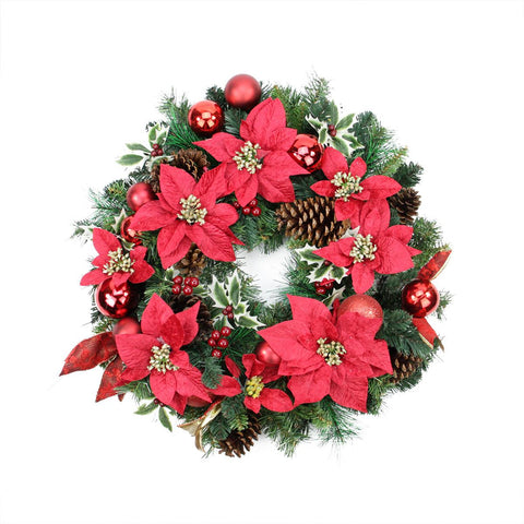 24" Pre-Decorated Red Poinsettia, Pine Cone and Ball Artificial Christmas Wreath - Unlit