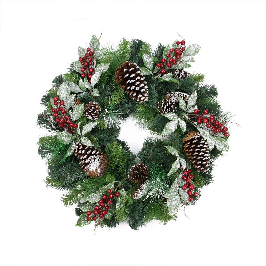 24" Pre-Decorated Frosted Pine Cone and Red Berry Artificial Christmas Wreath - Unlit