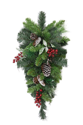 32" Pre-Decorated Frosted Pine Cone and Red Berry Artificial Christmas Teardrop Swag - Unlit