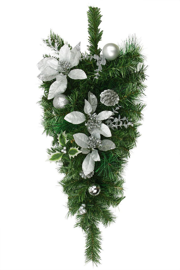 32" Pre-Decorated Silver Poinsettia, Pine Cone and Ball Artificial Christmas Teardrop Swag - Unlit