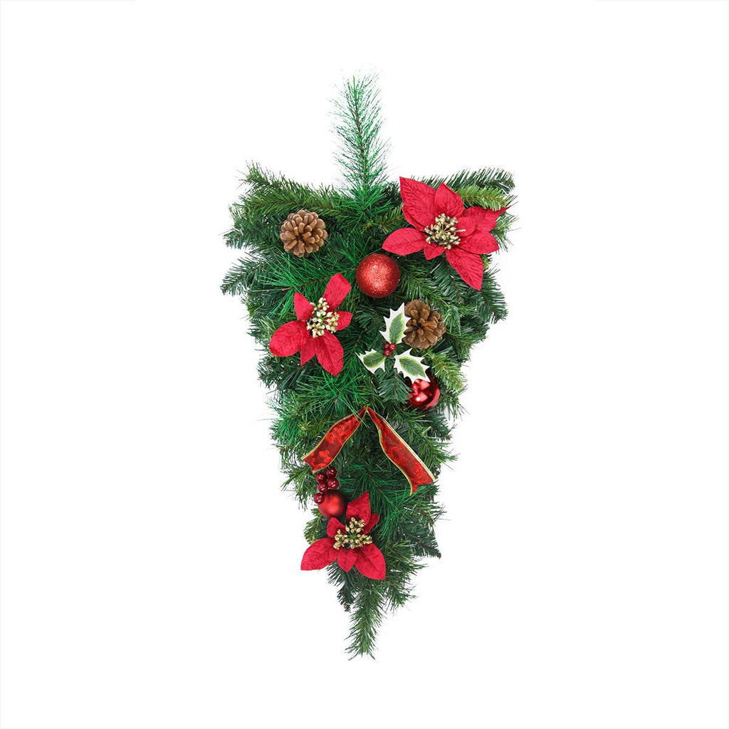 32" Pre-Decorated Red Poinsettia, Pine Cone and Ball Artificial Christmas Teardrop Swag - Unlit