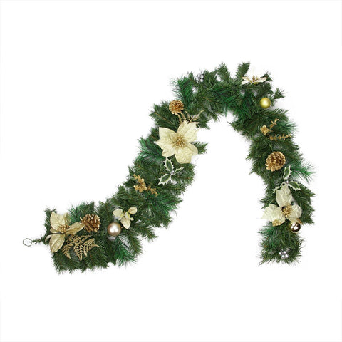 6' Pre-Decorated Gold Poinsettia, Pine Cone and Ball Artificial Christmas Garland - Unlit