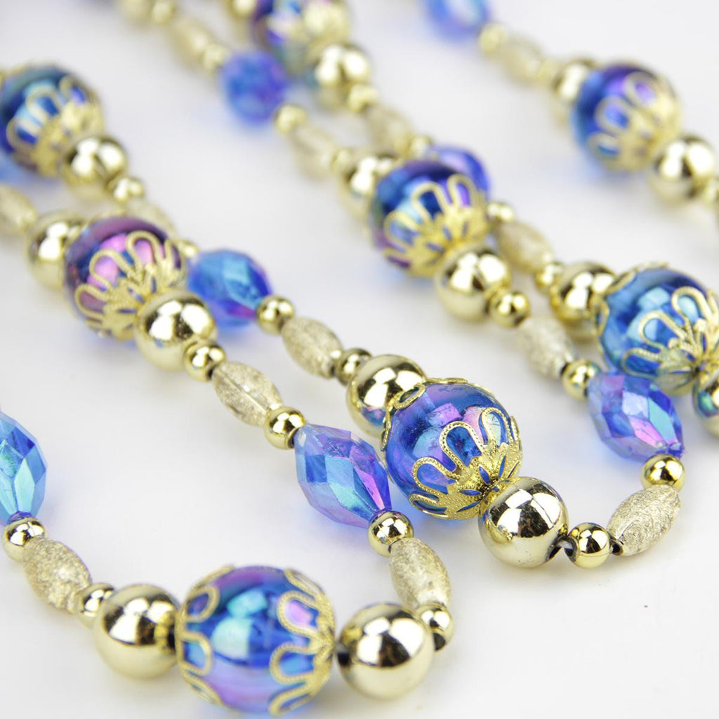 8' Luxurious Esquire Gold and Blue Iridescent Beaded Christmas Garland