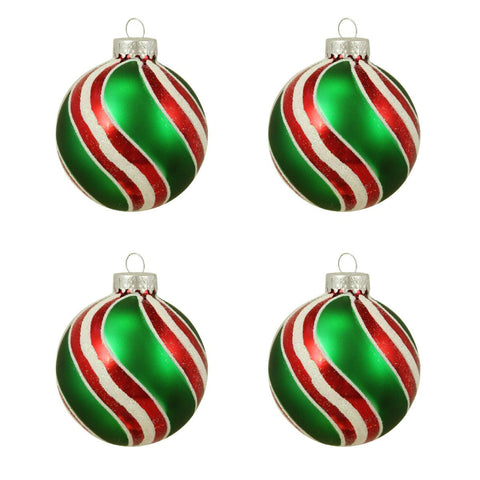 4ct Shiny-Matte Red, Green and White Glittered Peppermint Glass Ball Christmas Ornaments 2.5" (65mm)