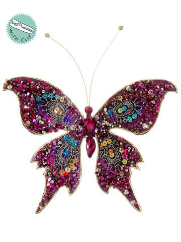 7" Fuchsia Pink Glittered and Jeweled Sequin Butterfly Clip On Christmas Ornament