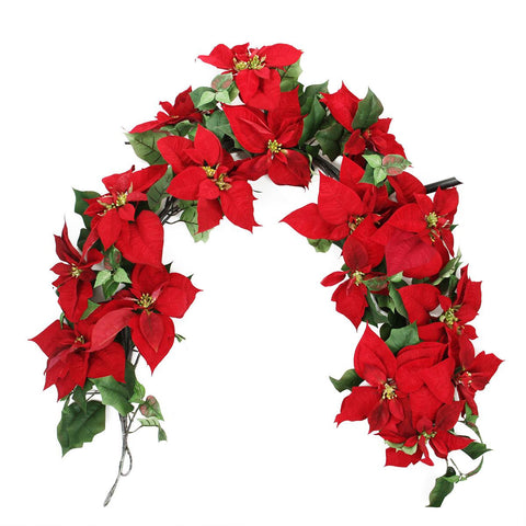 6' Majestic Velvet Red Poinsettia Flowers Artificial Christmas Garland - Unlit