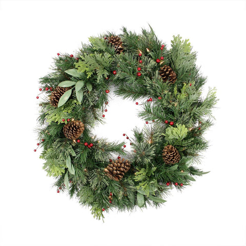 30" Pre-lit Pine Cone, Berry, Cedar and Pine Artificial Christmas Wreath - Clear Lights