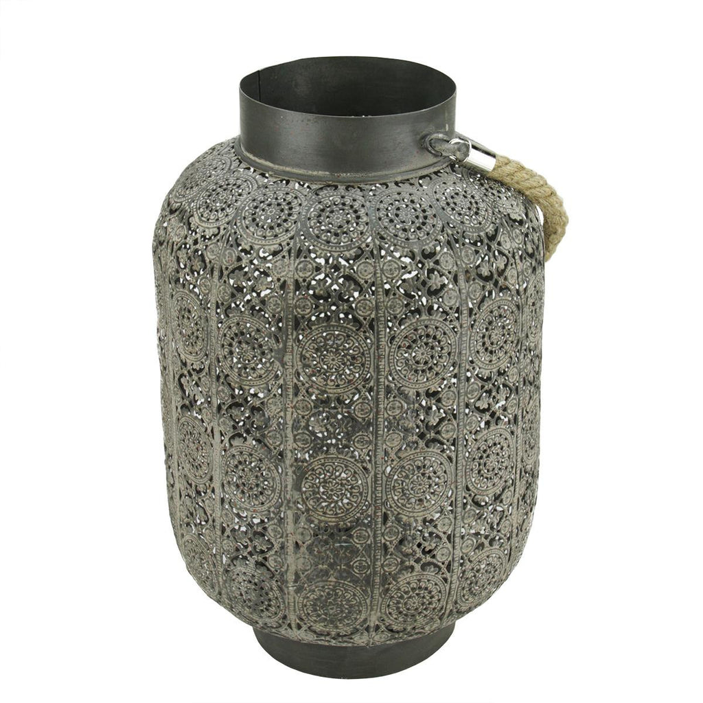 15" Distressed Gray Lace Cut-Out Design Pillar Candle Lantern with Glass Holder