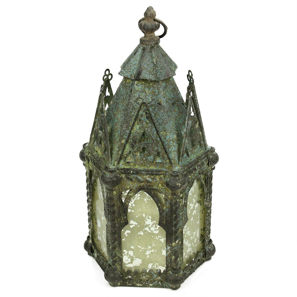 17.25" Antique Weathered Verdigris Style Church Hanging Taper Candle Lantern