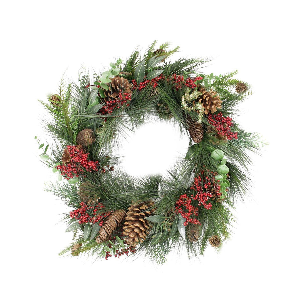 24" Red Berry, Pine Cone and Eucalyptus Leaf Long Needle Pine Artificial Christmas Wreath - Unlit