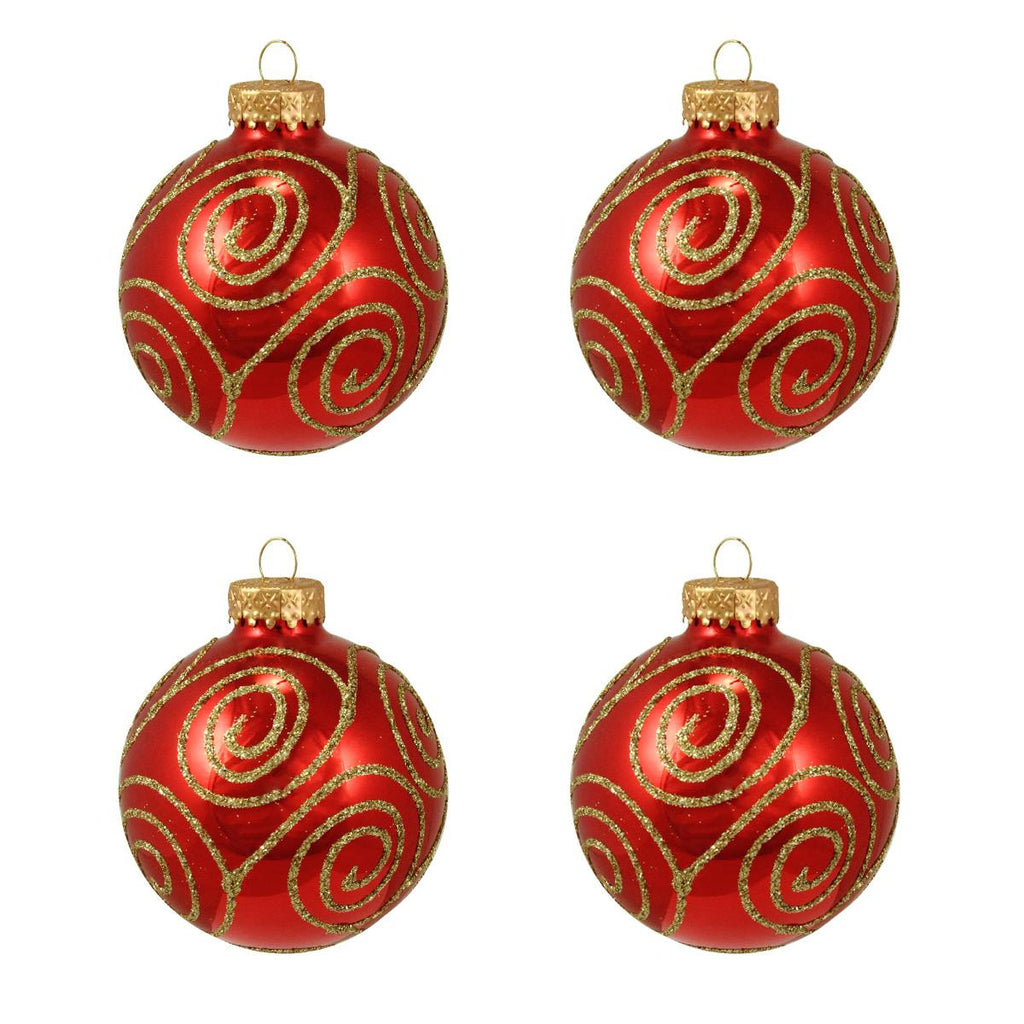 4ct Shiny Red Swirled Gold Glitter Glass Ball Christmas Ornaments 2.5" (65mm)