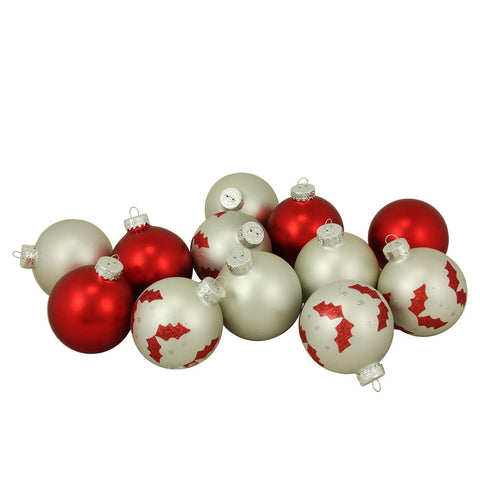 12ct Matte Silver and Red Glass Ball Christmas Ornaments 2.5" (65mm)