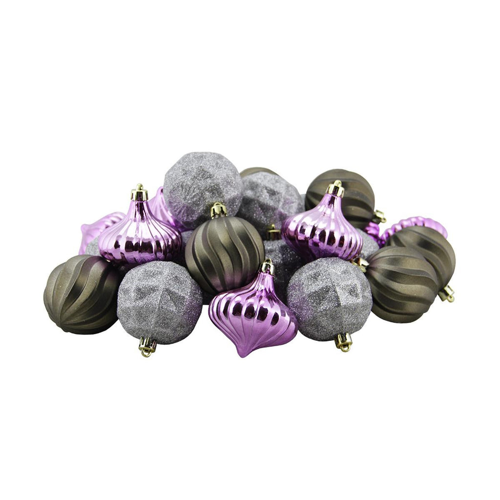 26ct Purple, Brown and Silver 3-Finish Shatterproof Christmas Ornaments 2.5" (60mm)