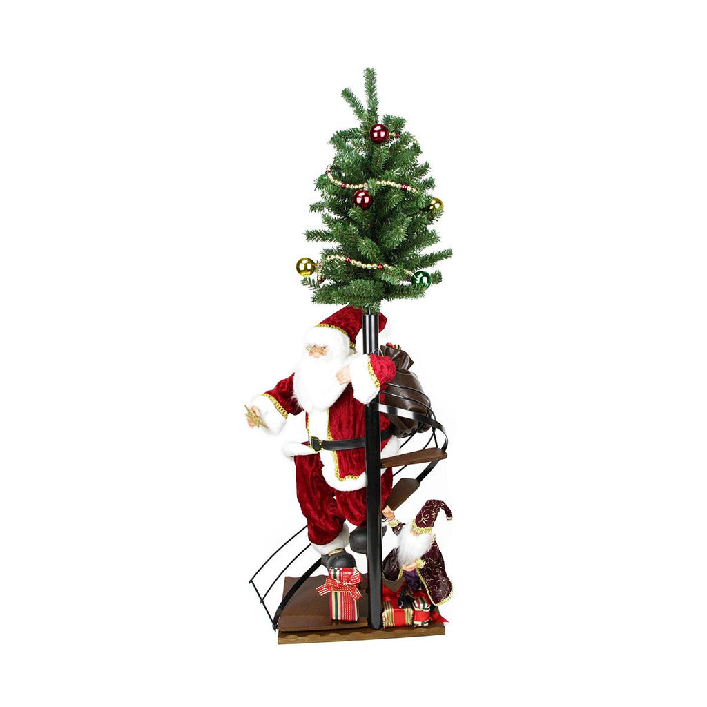 50" Santa Claus on Spiral Staircase with Tree and Elf Christmas Figure on Wooden Base