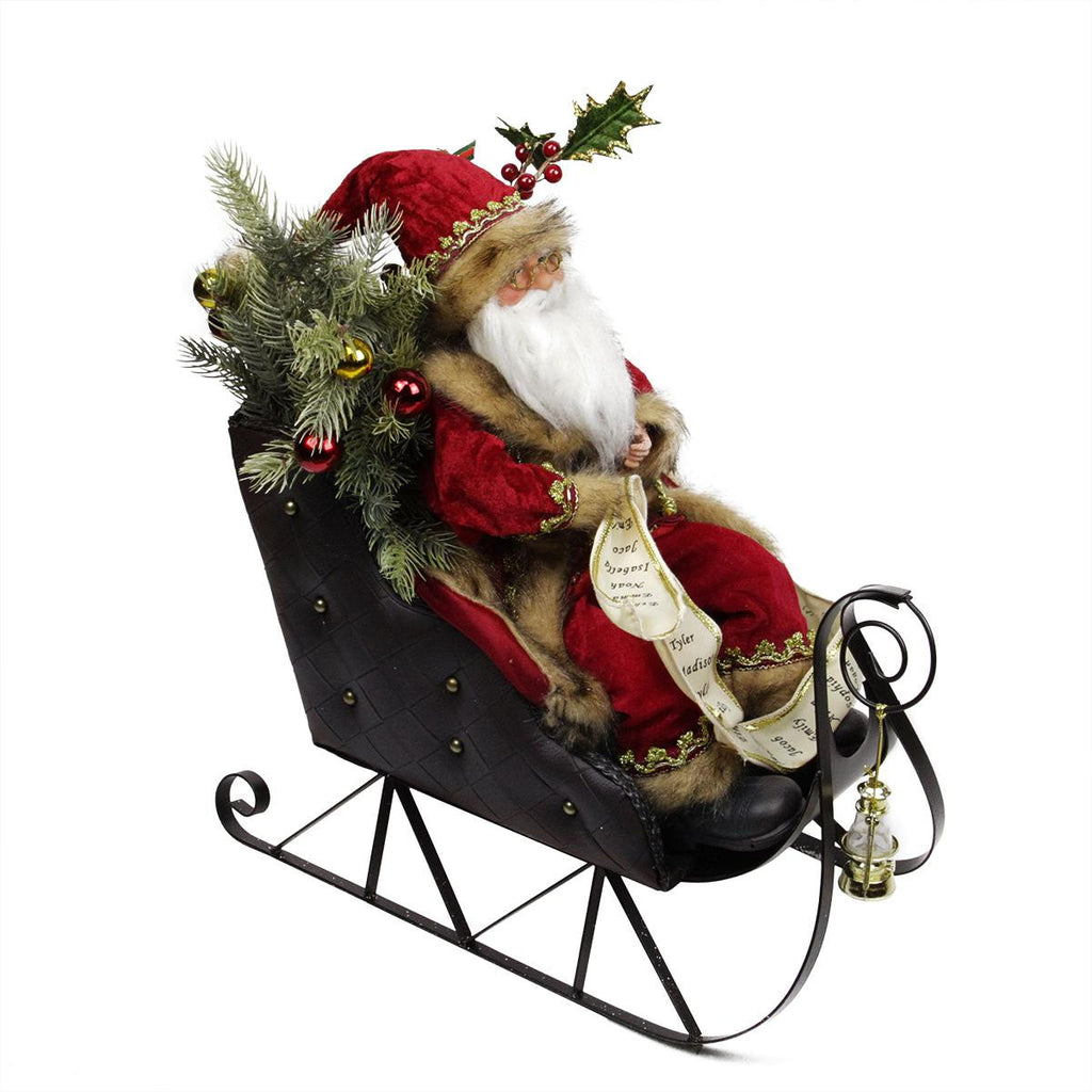 18.5" Exquisite Santa Claus with Bountiful Bag of Presents in Faux Leather Sleigh Christmas Figure