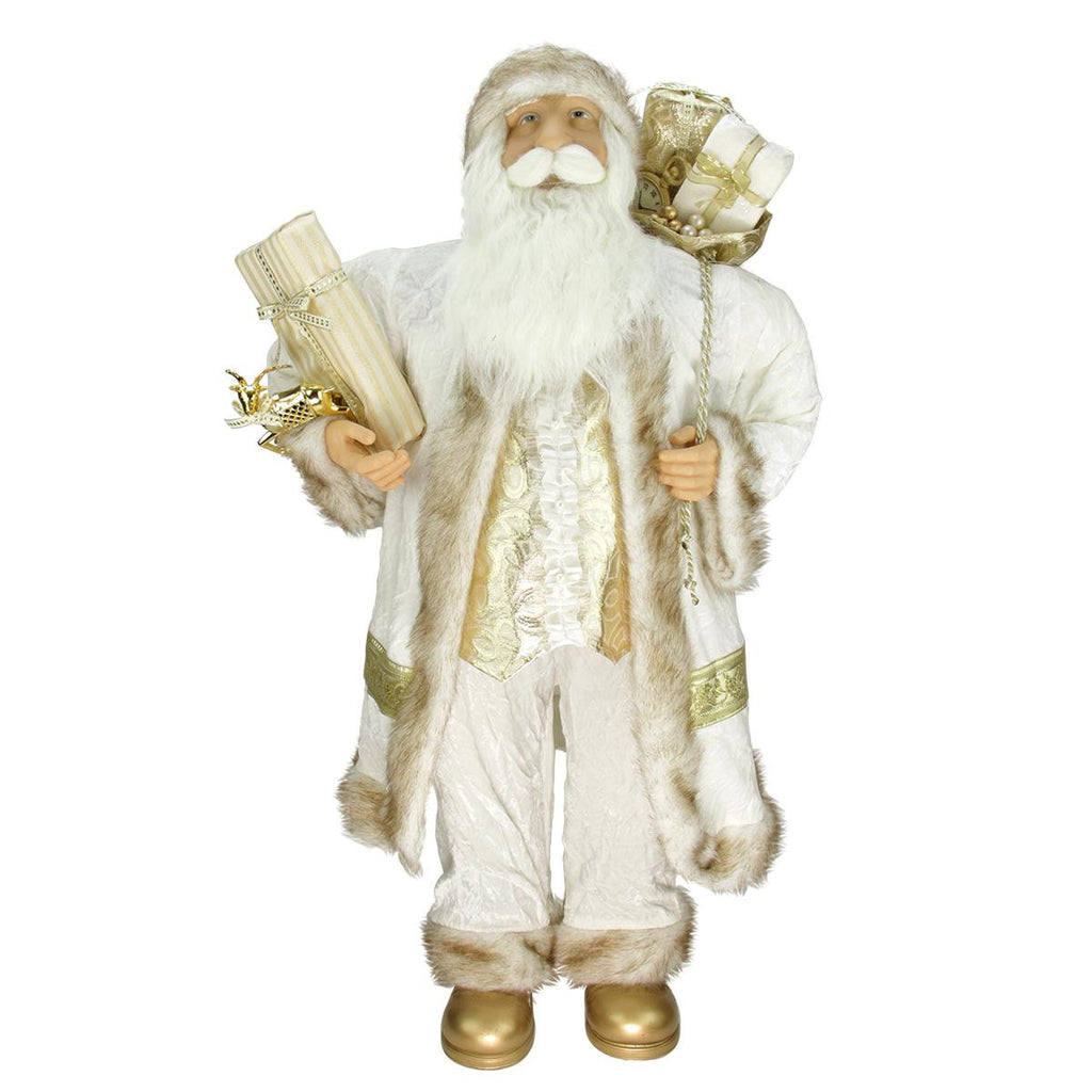 36" Glorious Winter White and Ivory Standing Santa Claus Christmas Figure with Gift Bag