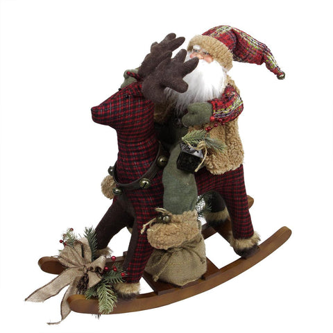 25" Country Rustic Santa Claus on Plaid Rocking Horse Christmas Figure