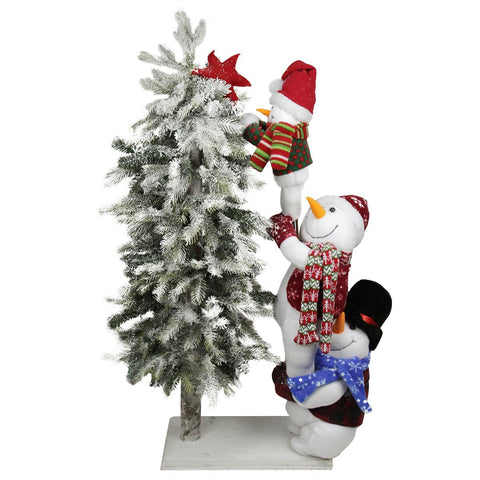 40" Flocked Alpine Christmas Tree with Snowman Tower on Wooden Base