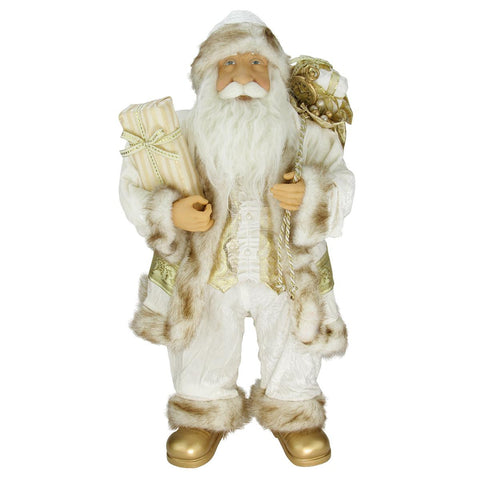 24" Glorious Winter White and Ivory Standing Santa Claus Christmas Figure with Gift Bag