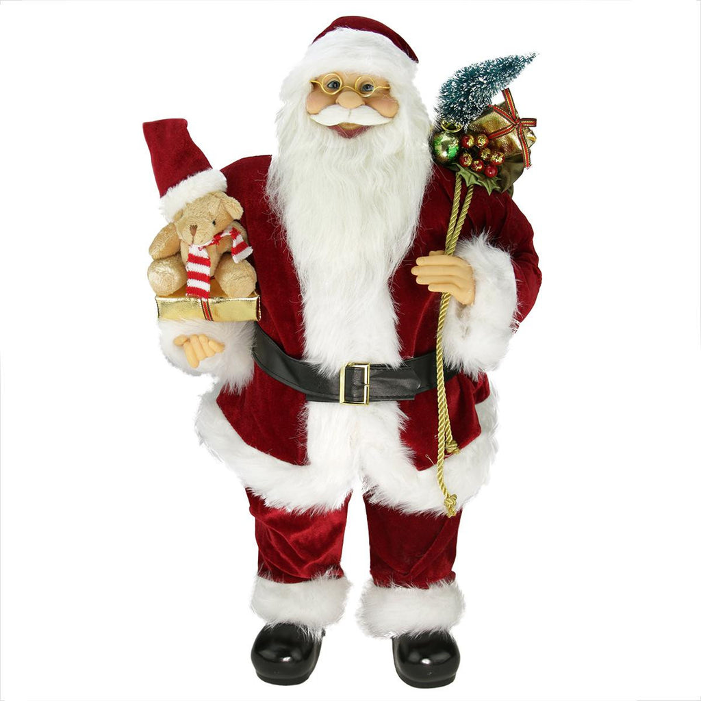 24" Traditional Standing Santa Claus Christmas Figure with Teddy Bear and Gift Bag