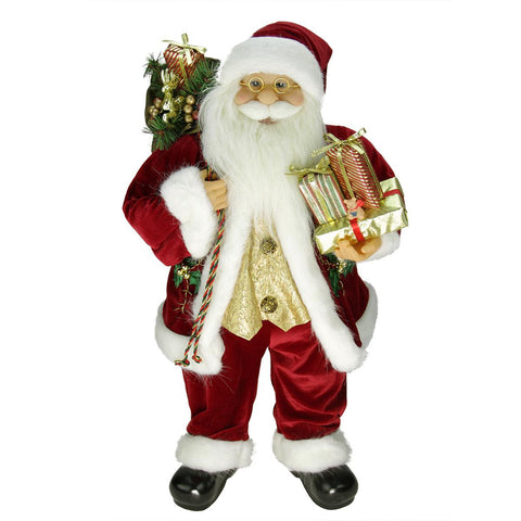 24" Traditional Holly Berry Standing Santa Claus Christmas Figure with Presents and Gift Bag