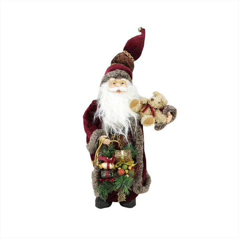 16" Noble Standing Santa Claus in Burgundy Robe Christmas Figure with Teddy Bear and Gift Bag