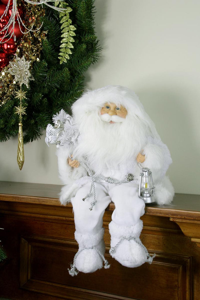 16" Elegant White Frost Sitting Santa Claus Christmas Figure with Lantern