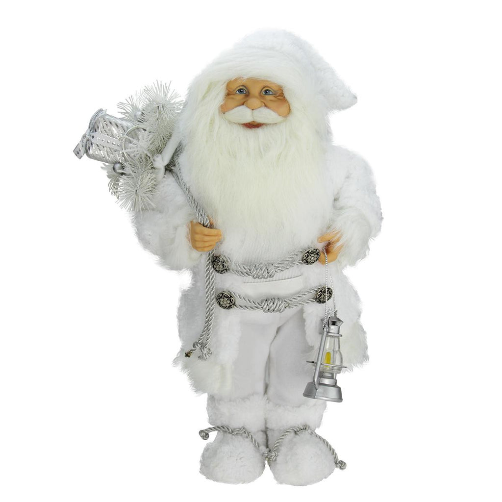 16" Elegant White Frost Standing Santa Claus Christmas Figure with Lantern