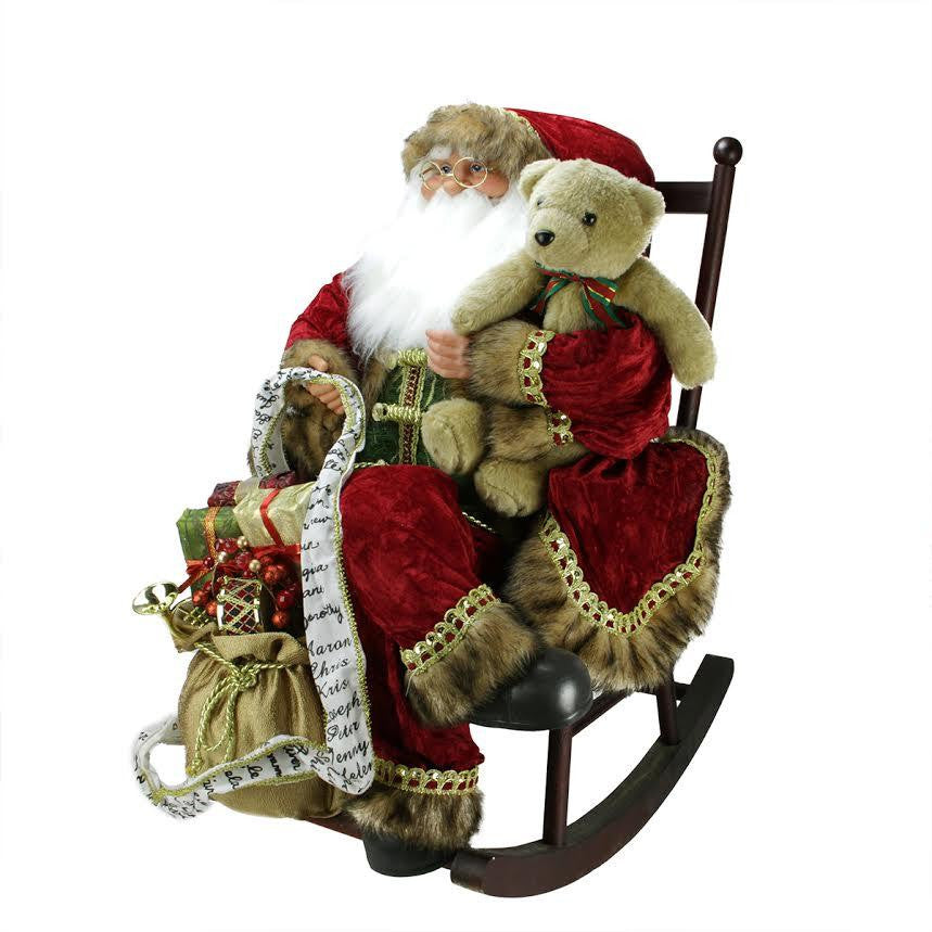 32" Decorative Santa Claus in Rocking Chair with Teddy Bear and Gifts Christmas Figure