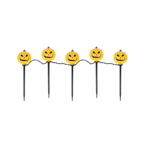 Set of 5 Lighted Scary Jack-o-Lantern Pumpkin Halloween Pathway Marker Lawn Stakes - Clear Lights