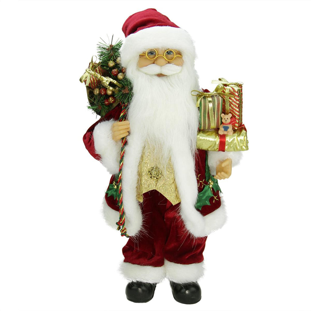 16" Traditional Holly Berry Standing Santa Claus Christmas Figure with Presents and Gift Bag