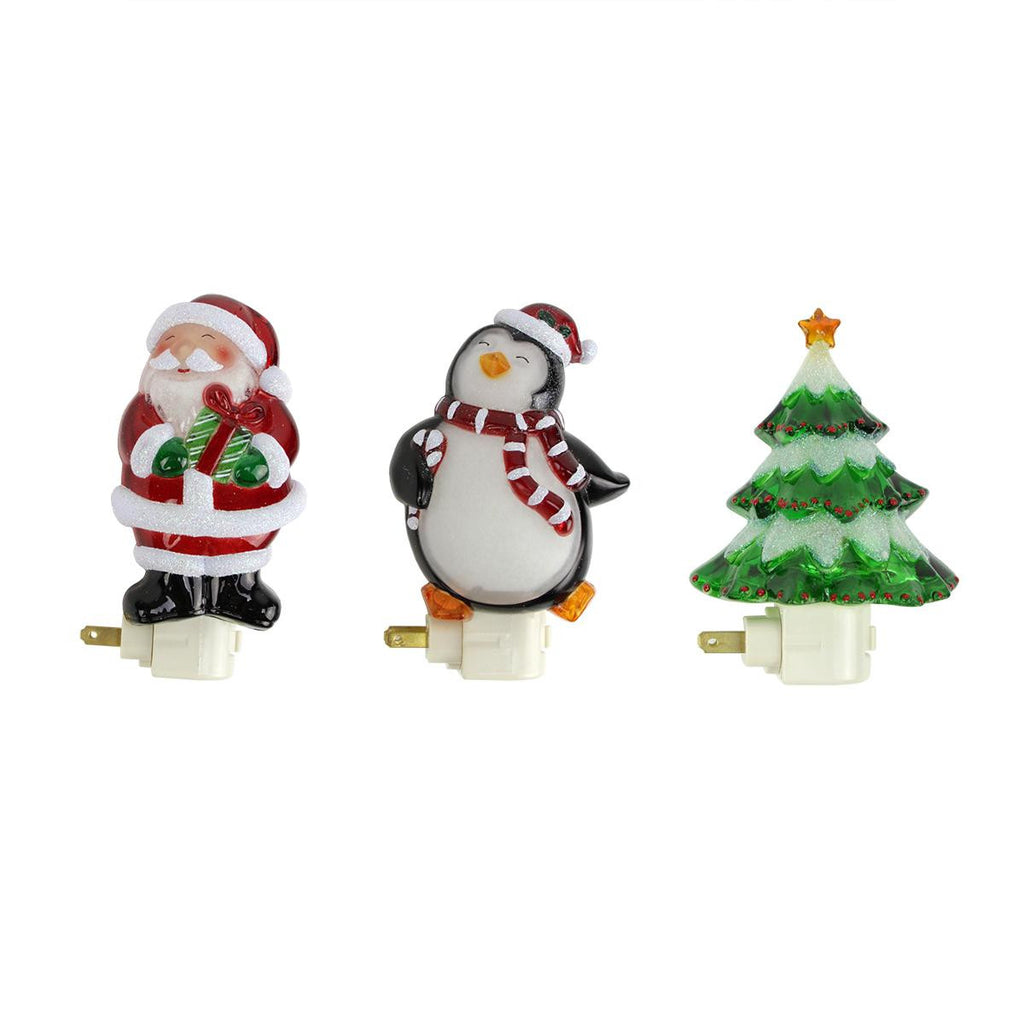 Set of 3 Glittered Santa Claus, Penguin and Christmas Tree Holiday Night Lights 6.25"