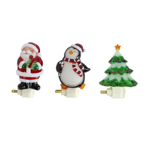 Set of 3 Glittered Santa Claus, Penguin and Christmas Tree Holiday Night Lights 6.25"