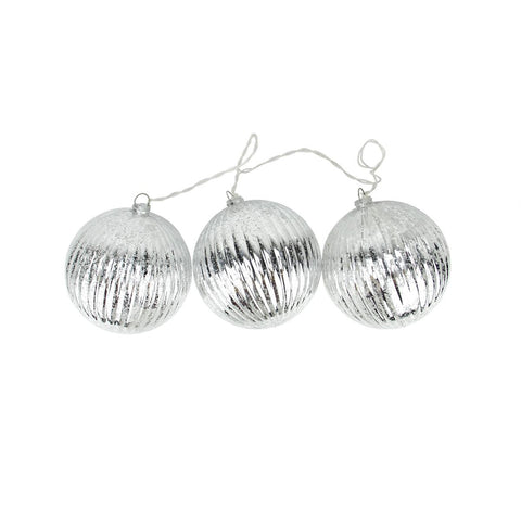 Set of 3 Lighted Silver Mercury Glass Finish Ribbed Ball Christmas Ornaments - Clear Lights