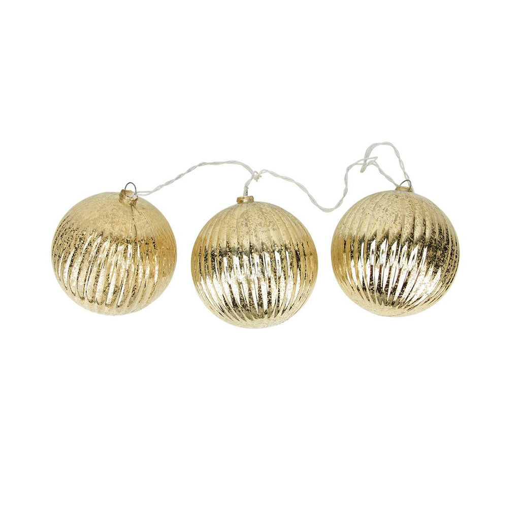 Set of 3 Lighted Gold Mercury Glass Finish Ribbed Ball Christmas Ornaments - Clear Lights