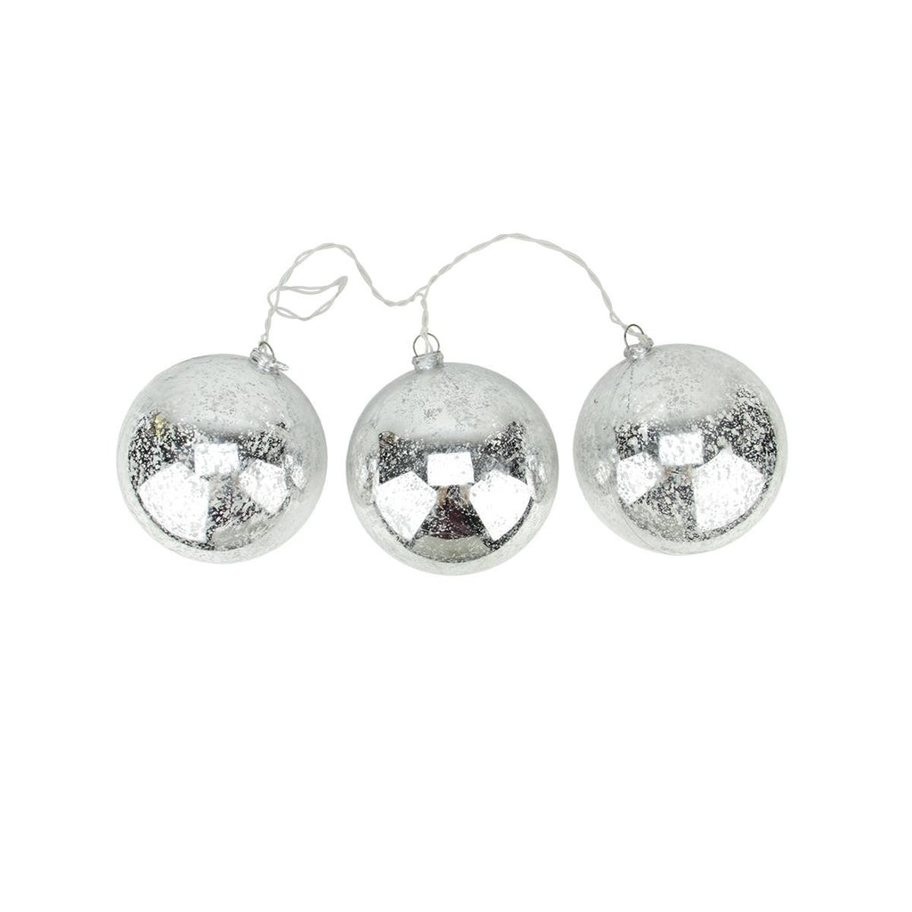 Set of 3 Lighted Silver Mercury Glass Finish Ball Christmas Ornaments - Clear Lights