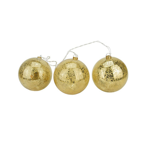 Set of 3 Lighted Gold Mercury Glass Finish Ball Christmas Ornaments - Clear Lights